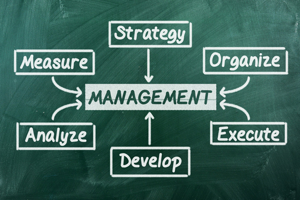 Kreidetafel mit Wörtern aus dem Projektmanagementbereich